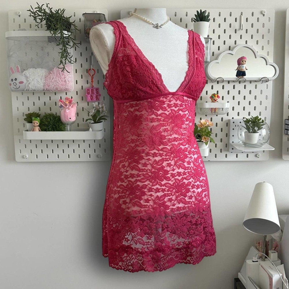 Hot pink lace sheer slip dress with ribbon and bow in the back